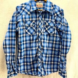 VTG Wrangler Mens Western Pearl Snap Shirt Navy/Black Plaid Sawtooth Pocket •2XL